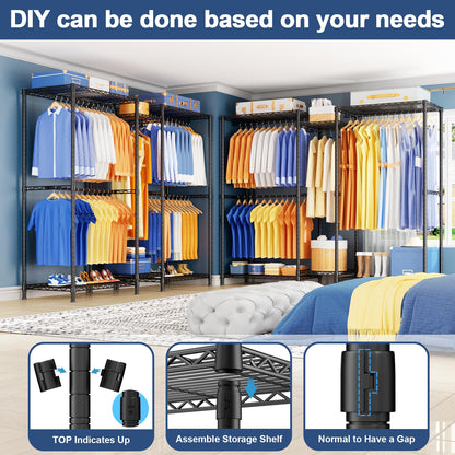 Ulif E12 Pro Clothes Rack，Heavy Duty Freestanding Garment Rack with Shelves，Metal Clothing Closet Storage System for Hanging Clothes，71" W x 16" D x 76.5" H, Hold 960 lbs，Black