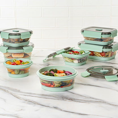 Restaurantware-Fresh Hero 27.2 Ounce Storage Containers, 20 Durable Airtight Food Containers - Microwavable, Freezable, Green Plastic Collapsible Container, Dishwashable, With Vented Lids