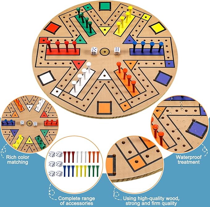 Kathfly Fast Track Board Game Wooden 3-6 Players Board Game Set with 24 Boards Games Pieces and 2 Dice Fast Track Games Night for Adult Teens Family Party(19.7 Inch)