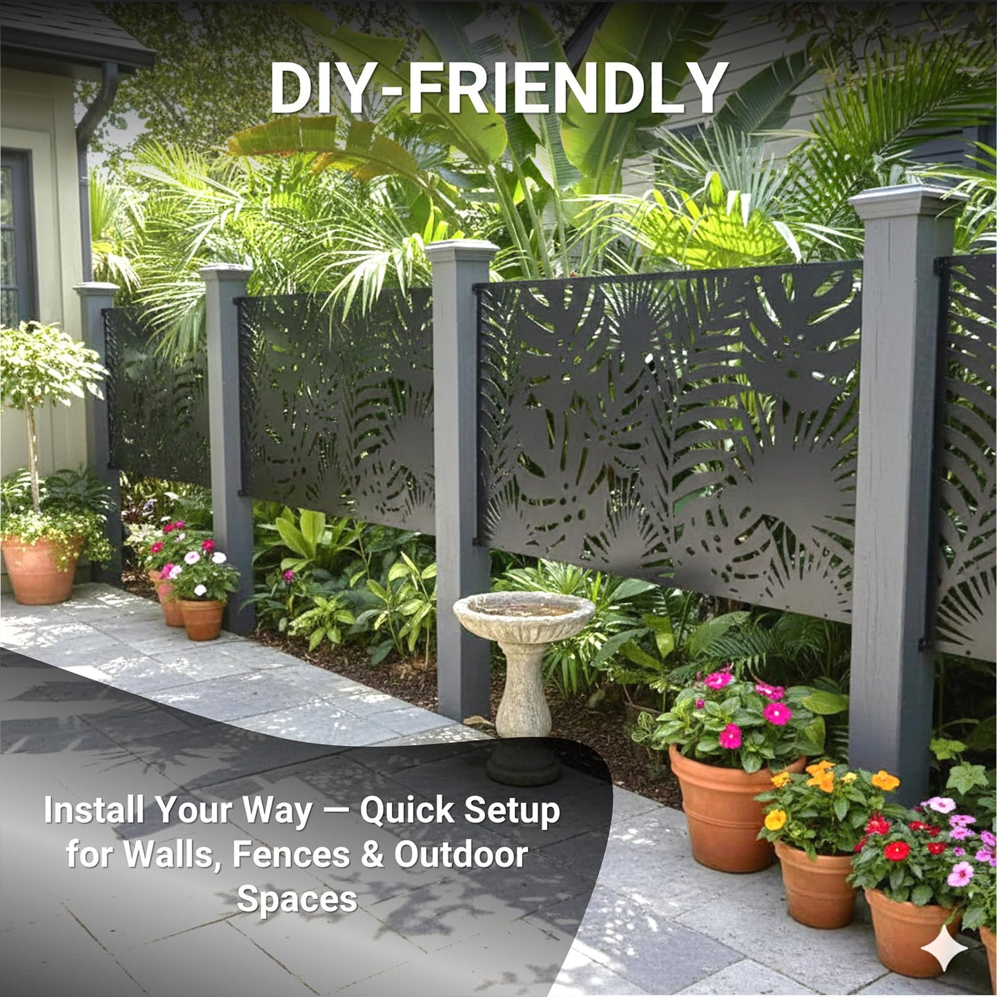 Metal Privacy Screen Outdoor – 72in Decorative Laser Cut Steel Garden Divider Panel with Tropical Leaf Design, Weatherproof Freestanding Modern Privacy Fence for Patio, Deck, Backyard & Balcony
