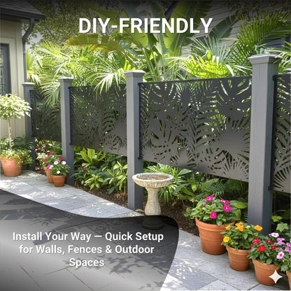 Metal Privacy Screen Outdoor – 72in Decorative Laser Cut Steel Garden Divider Panel with Tropical Leaf Design, Weatherproof Freestanding Modern Privacy Fence for Patio, Deck, Backyard & Balcony