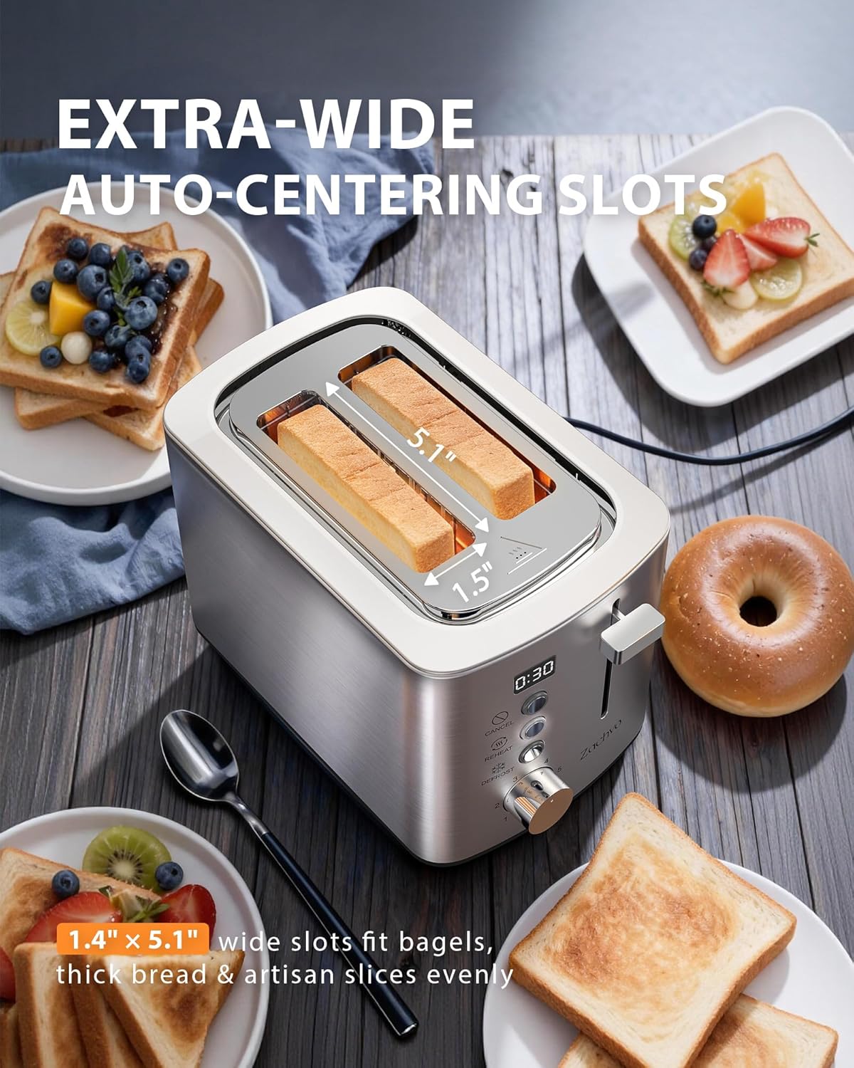 Skiennix 2-Slice Toaster - Wide Slots for Bread & Bagels, Stainless Steel with Digital Countdown & 6 Shade Settings