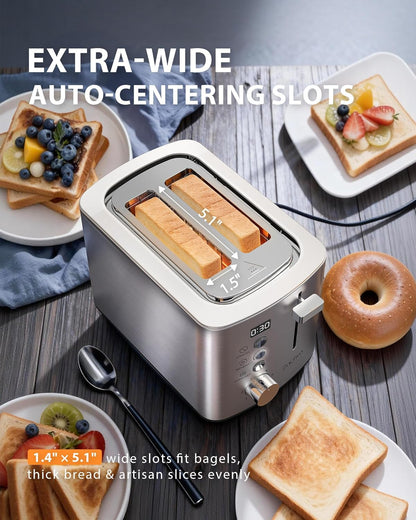 Skiennix 2-Slice Toaster - Wide Slots for Bread & Bagels, Stainless Steel with Digital Countdown & 6 Shade Settings