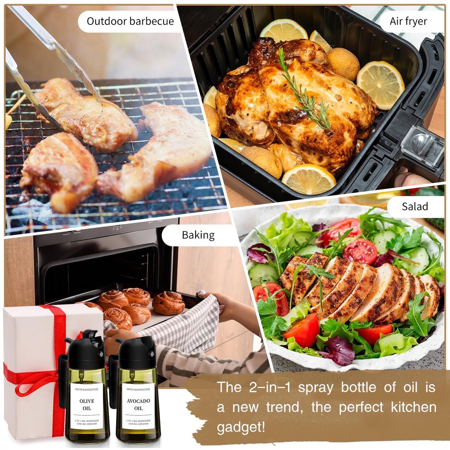 Oil Sprayer for Cooking 2pcs,2 in 1 Oil Dispenser and Oils Sprayer Kitchen Gadgets-16oz Glass Oils Spray Bottle,Mist Olive OilDispenser,Air Fryer,Salad,Grill (White Kitchen Accessories)