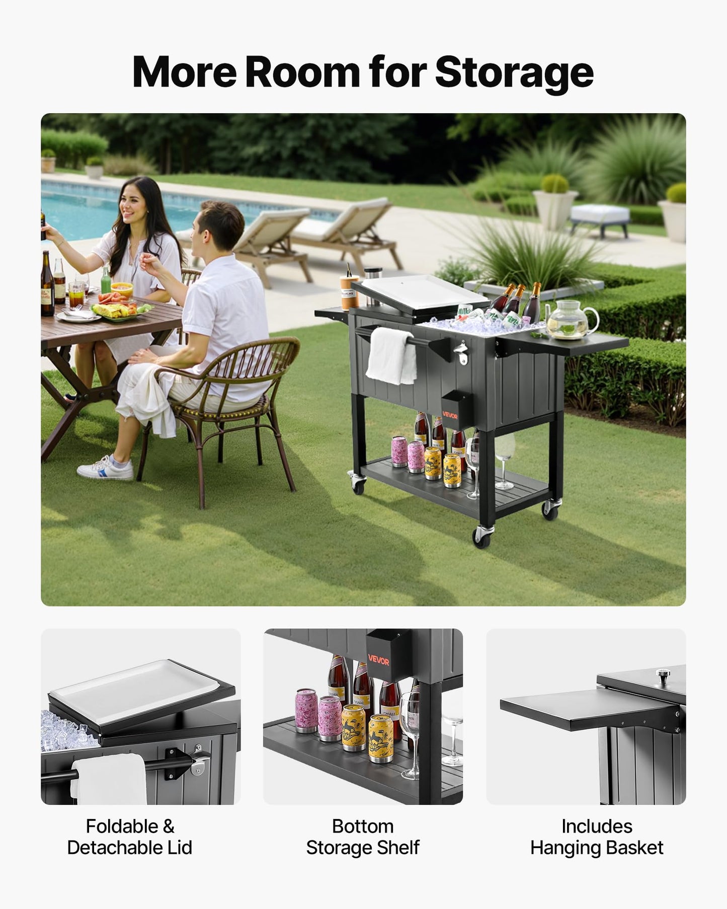 VEVOR 80QT Rolling Ice Chest, Holds up to 50 Bottles / 110 Cans, Portable Patio Party Bar Drink Cooler Cart with Bottom Shelf & Foldable Side Shelves, Beverage Pool with Swivel Wheels & Bottle Opener