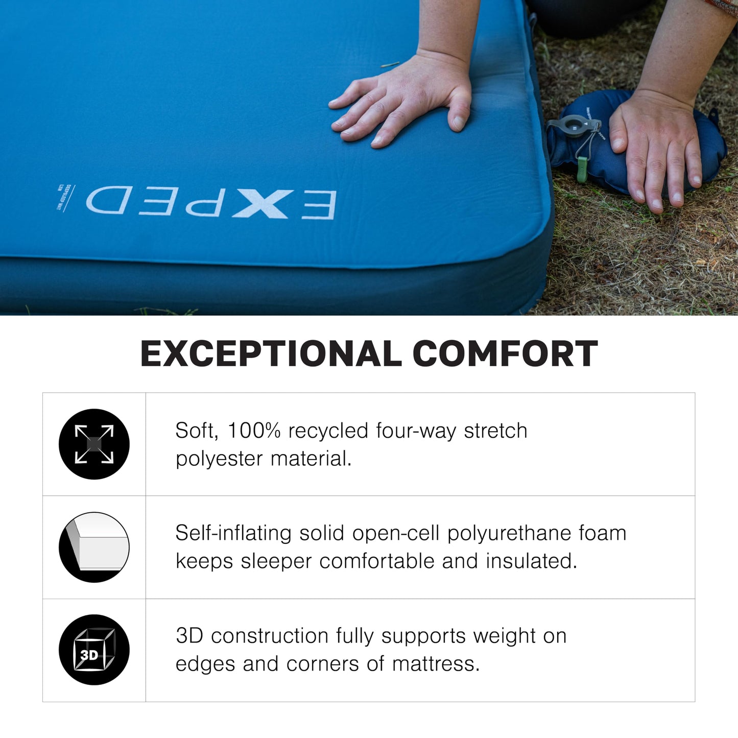 Exped DeepSleep Mat Duo Medium - Self Inflating Firm Car Sleeping Mat, 3” Foam Pad, Pump Included