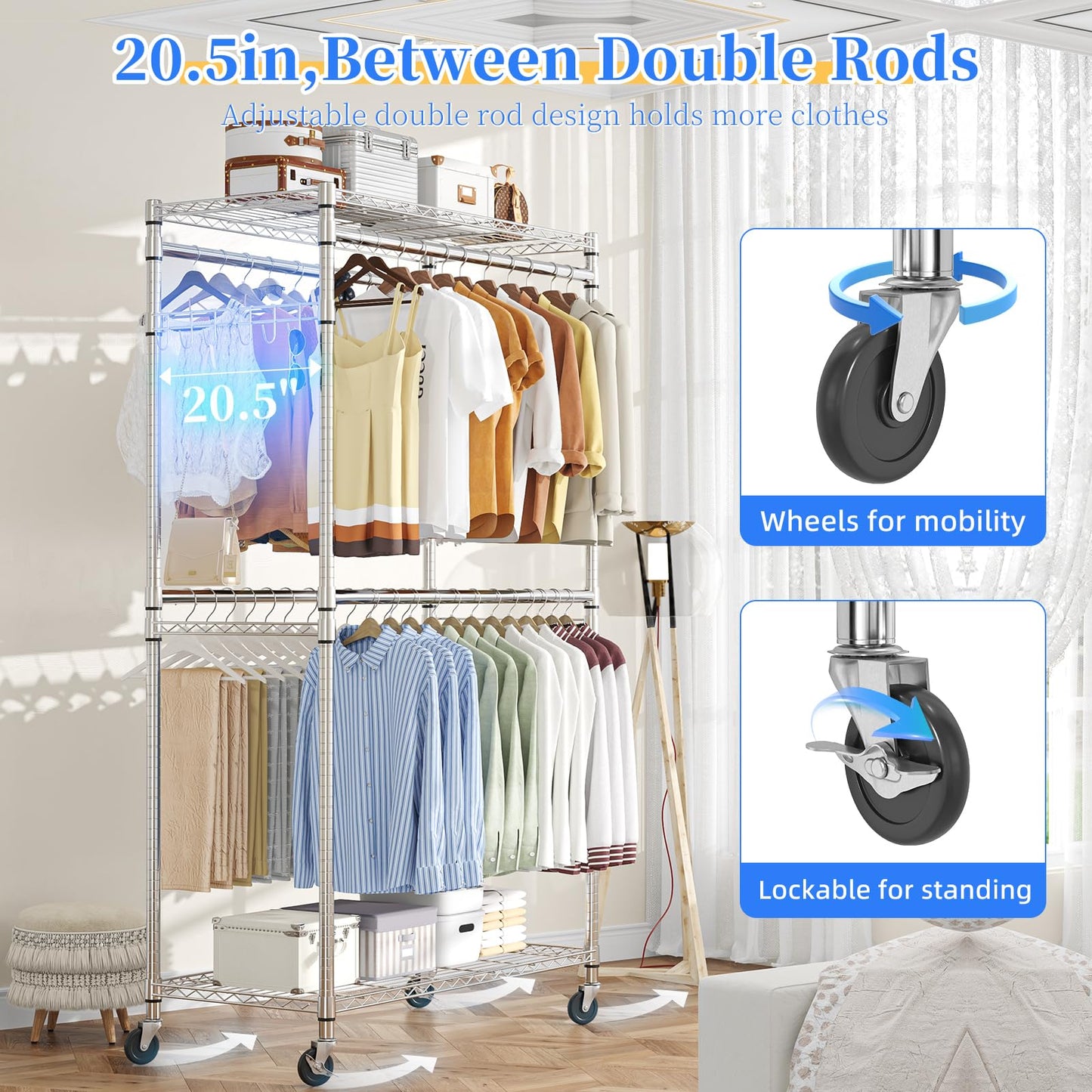 Simple Trending Heavy Duty Clothes Rack Clothing Rack with Wheels and 4 Hanging Rods, Adjustable Rolling Garment Racks, Load 560 LBS, Chrome