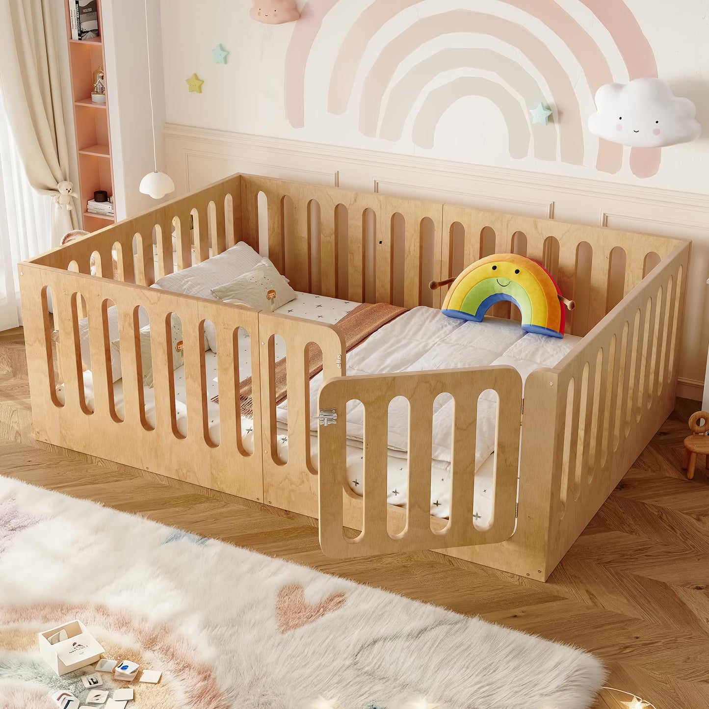 GDFStudio Full Size Montessori Floor Bed with Door, Solid Wood Kids Floor Bed Frame, Low Profile No Box Spring Needed, House Style Design, Sturdy Slats Support, Natural Finish, Easy Assembly