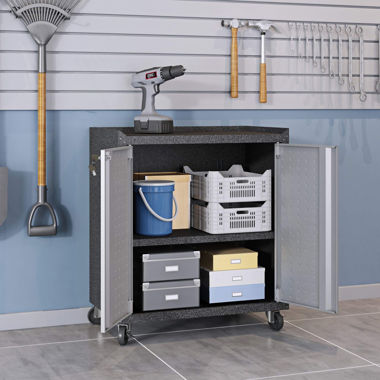 Manhattan Comfort Fortress Rolling 2 Door Garage Storage Cabinet, Black/Gray