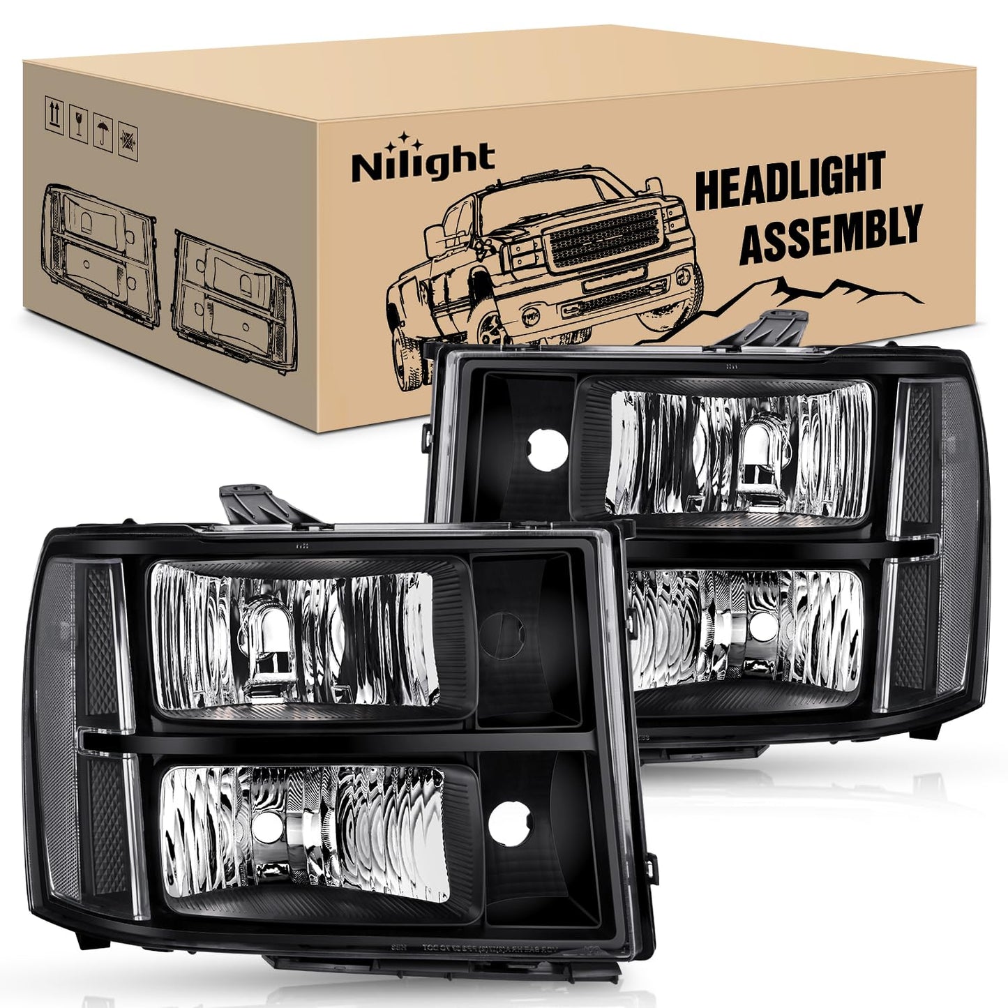 Nilight Headlight Assembly Compatible for 2007 2008-2013 GMC Sierra 1500 2008-2014 GMC Sierra 2500 HD 3500 HD, Black Housing Clear Corner Clear Lens, Headlights Assembly Replacement