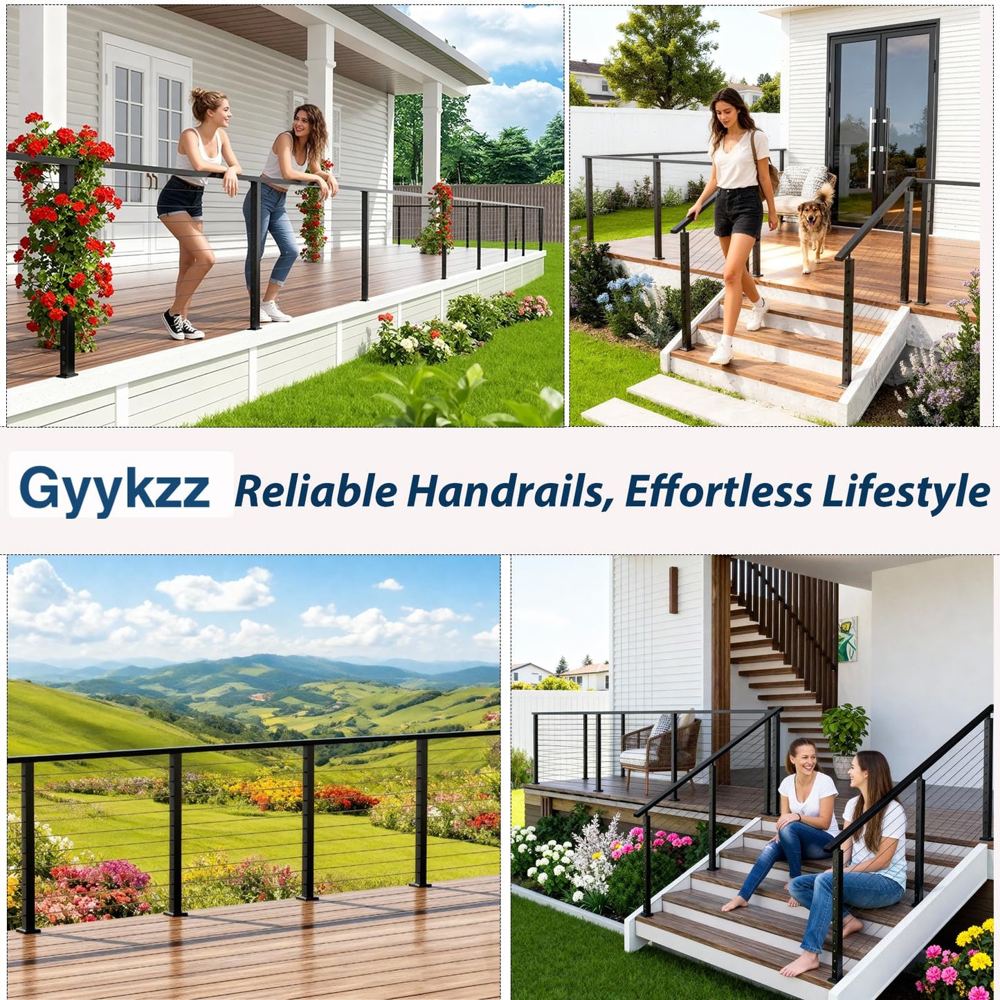 Gyykzz 4 Pack 10FT Black Rectangular Stainless Steel T304 Handrail for Cable Railing System, Flat Top Cable Railing Handrail with Extra End Caps for Indoor Outdoor Length Adjustable DIY Balustrade