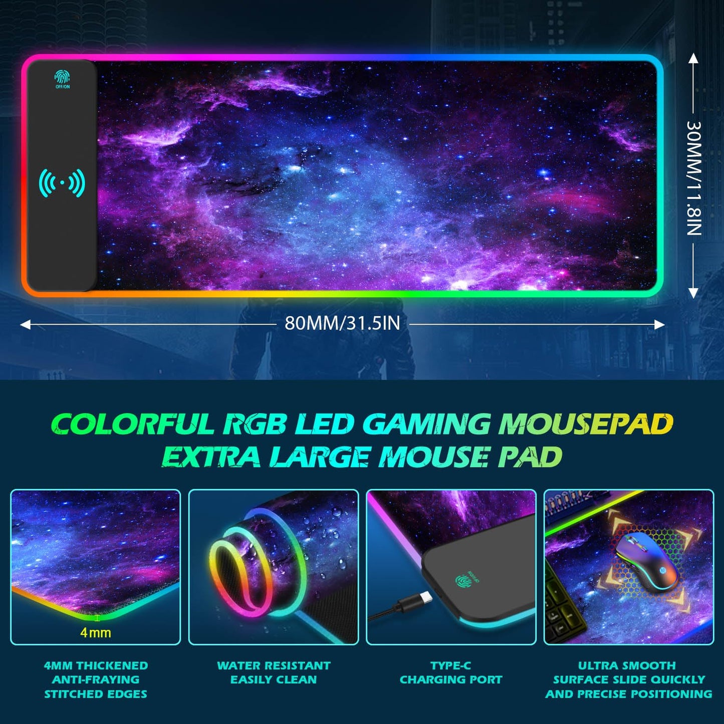 ToLuLu RGB Gaming Wireless Charging Mouse Pad, 5/7.5/10/15W 10 Light Modes LED Mouse Pad Computer Keyboard Mat Mousepad, 800x300x4MM Extended Large Desk Mat for Gaming, MacBook, Laptop, PC, Galaxy