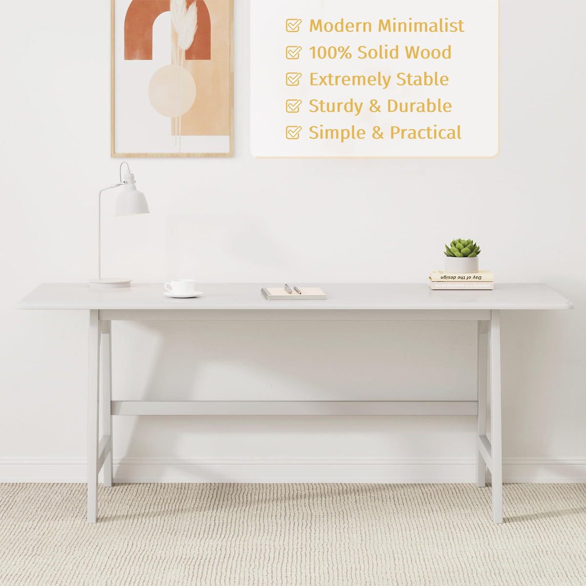 IOTXY Solid Wood Writing Table - 48" W x 24" D Minimalist Computer Desk for Home Office, Work, Study, Creativity, and PC Workstation, White