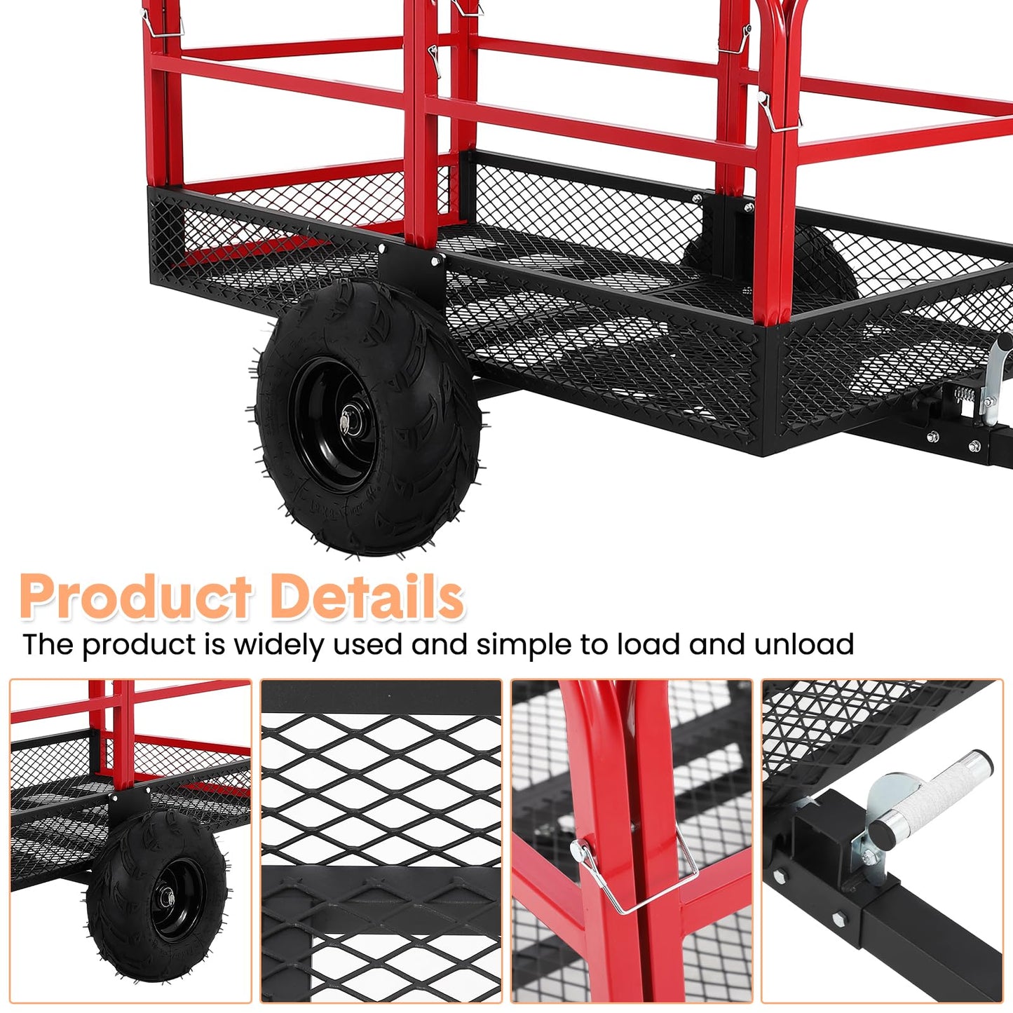 Garvee ATV Trailer Garden Dump Cart Tow Behind, 1500 LBS 22 Cubic Feet Heavy Duty Steel Pull Behind Yard Wagon Cart with 2 Wheels, for Lawn Mower Tractor, ATV, UTV, Red
