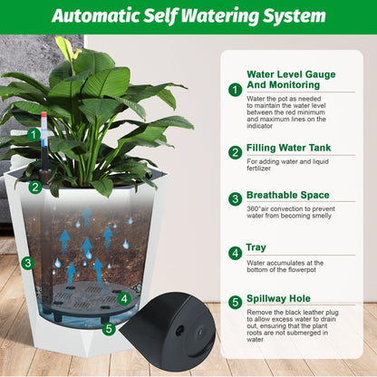 LuyFuitre Set of 2 Tall Planters for Outdoor Plants, 16 Inch Tall Planter Pots with Water Level Monitor, Wheels & Inner Bucket for Indoor Outdoor, White