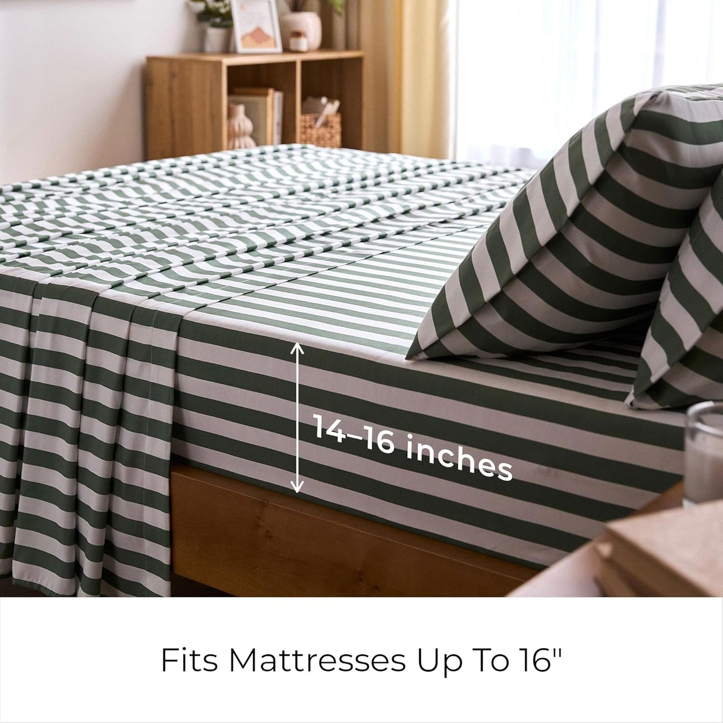 Mellanni California King Sheets Set - Hotel Luxury, Extra Soft & Cooling - Wrinkle & Stain Resistant (Oxford Stripe Sage)