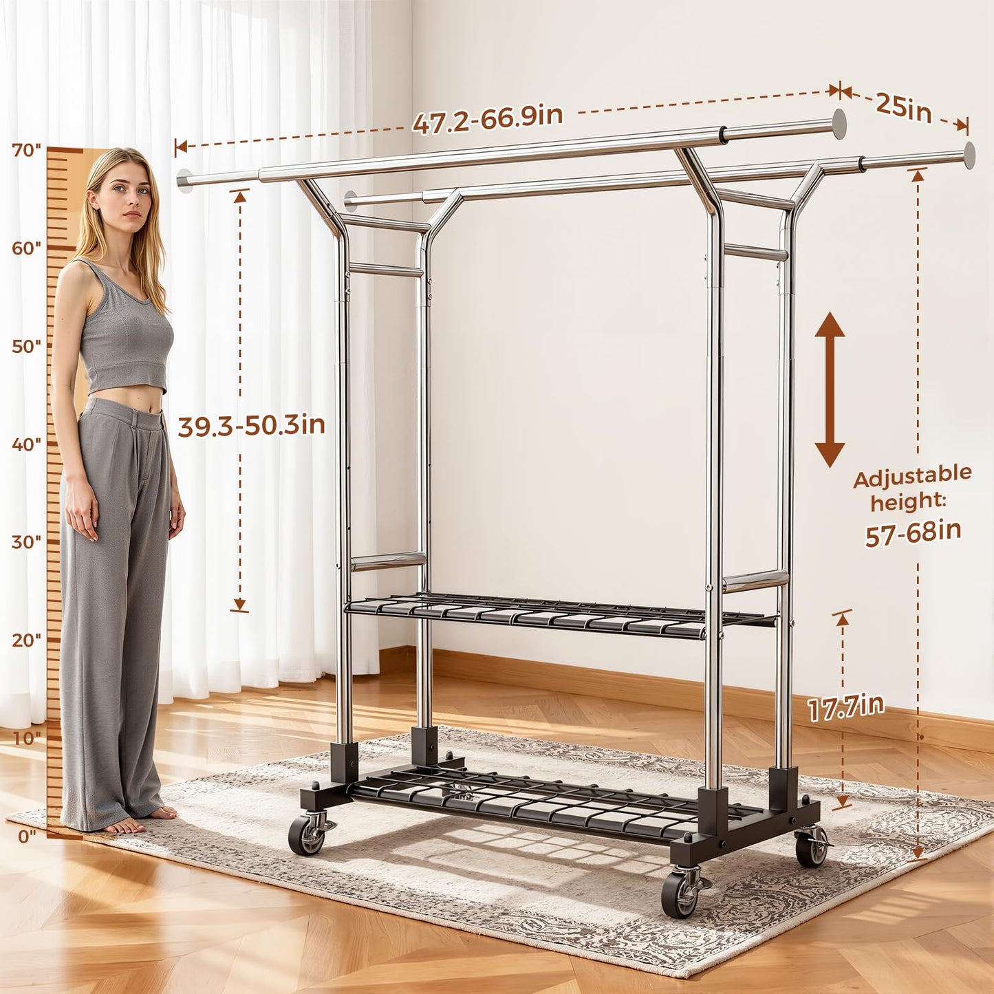 Luxspire Heavy Duty Clothes Rack Load 650 LBS, Double Rod Clothing Racks for Hanging Clothes, Rolling Garment Racks with Lockable Wheels, Shelves, Adjustable Laundry Hanging Rack, Silver