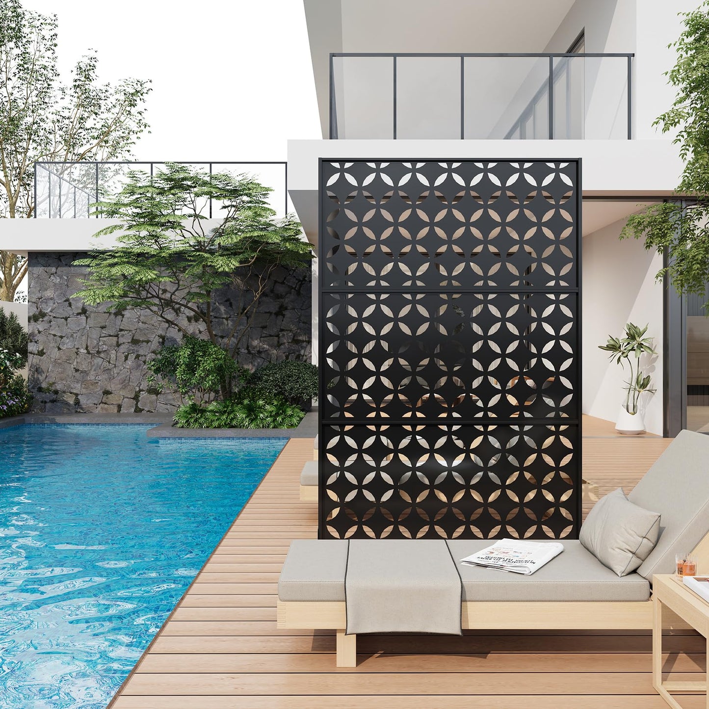 72" h × 47" w Outdoor Privacy Screen, Laser Cut Metal Garden Divider Panel with Tropical Leaf Design, Freestanding Weatherproof Privacy Fence for Patio Deck Backyard Balcony