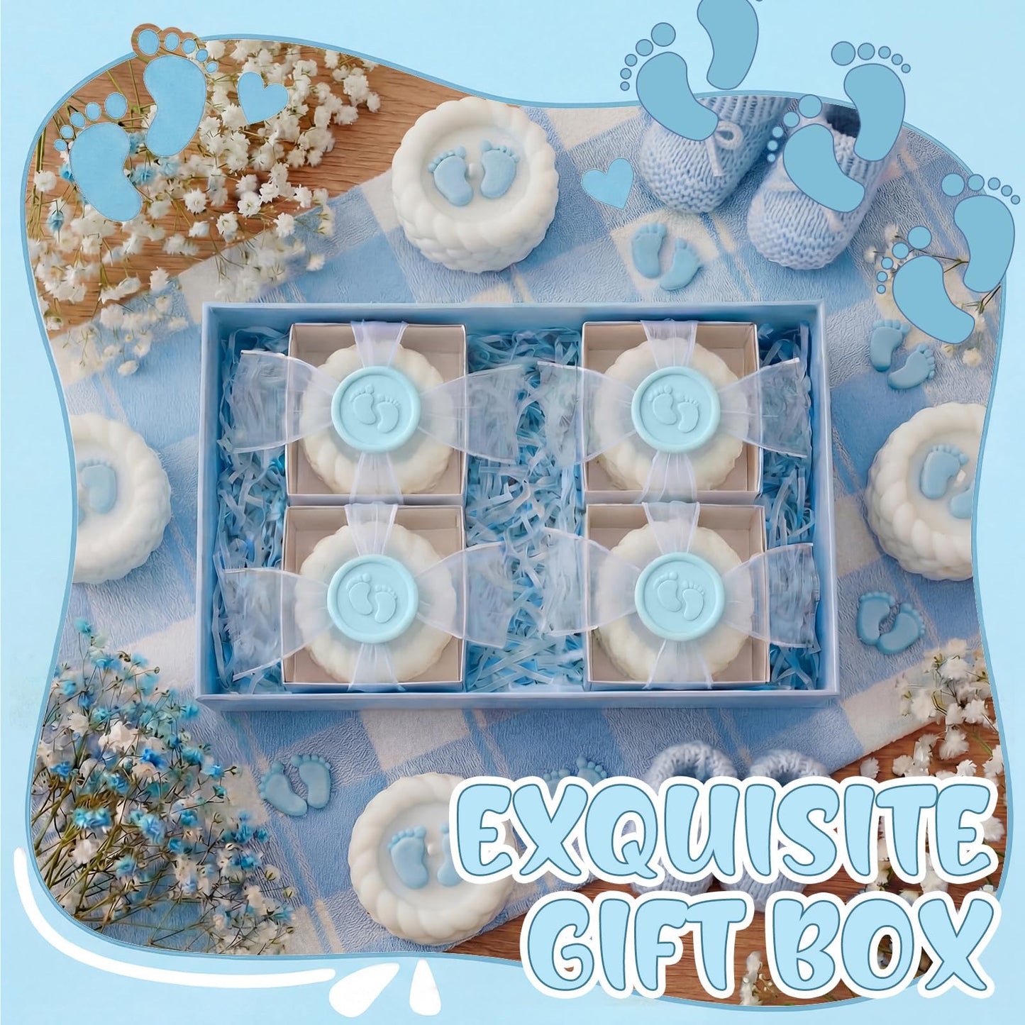 MTLEE 24 Pcs Baby Shower Candle Party Favors for Guests Blue Footprints Scented Candles with Bow Gift Box Ribbon Cute Feet Shaped Return Gifts Keepsakes for Baby Shower Gender Reveal Party Supplies
