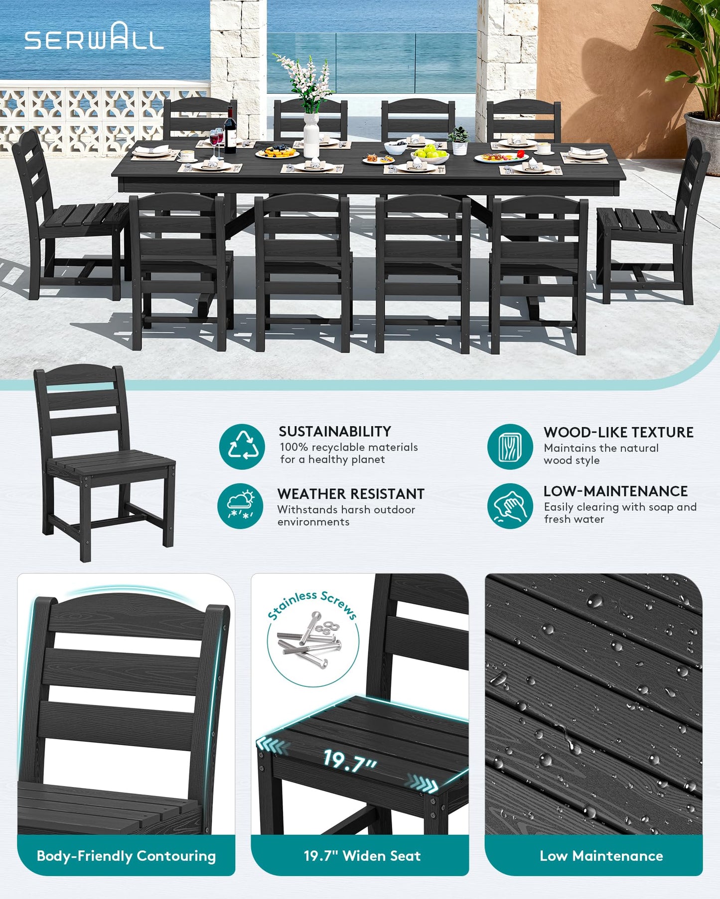 SERWALL Outdoor Armless Dining Chairs Set of 4, All-Weather HDPE Patio Chair with 19.7" Widened Seat, for Backyard, Garden, Black