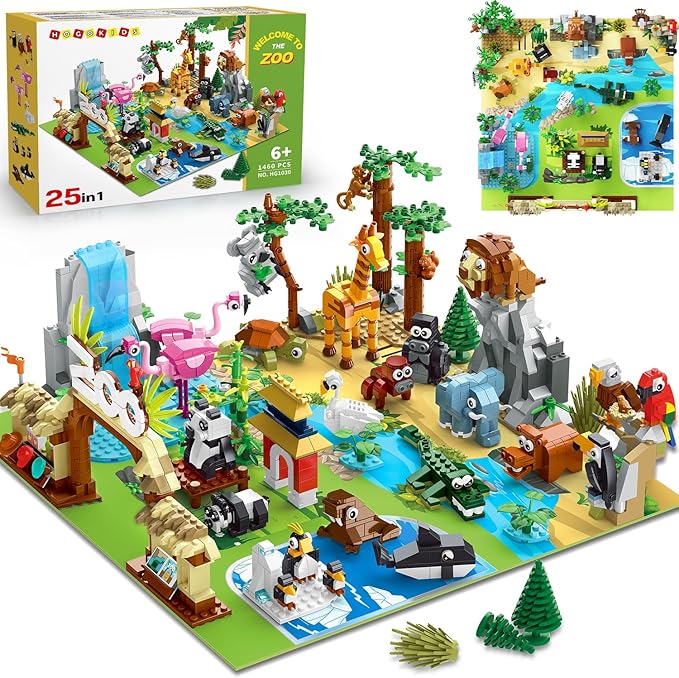 HOGOKIDS 25 Animals Zoo Building Set with Play Mat - 8 Pack Zoo Scene modules Blocks Toy for Easter Valentines Day Party Favors Classroom Prizes Fillers Birthday Gifts for Kids Boys Girls 6+ (1460PCS)