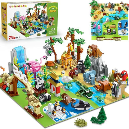 HOGOKIDS 25 Animals Zoo Building Set with Play Mat - 8 Pack Zoo Scene modules Blocks Toy for Easter Valentines Day Party Favors Classroom Prizes Fillers Birthday Gifts for Kids Boys Girls 6+ (1460PCS)