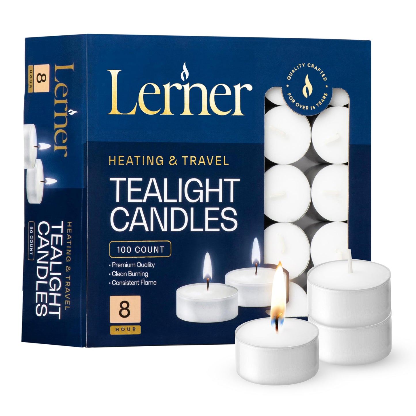 Lerner 100 Count White Tea Light Candles, 8 Hour Long-Burning, Non-Toxic, Smokeless & Soot-Free, Unscented