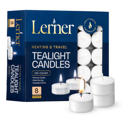 Lerner 100 Count White Tea Light Candles, 8 Hour Long-Burning, Non-Toxic, Smokeless & Soot-Free, Unscented