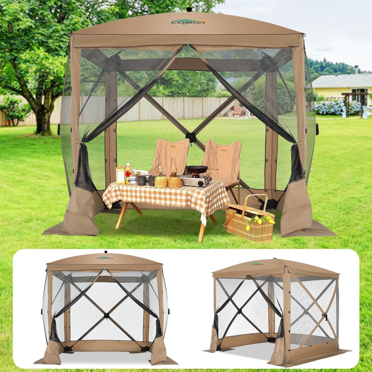 COBIZI 6x6 FT Pop up Gazebo Tent, Waterproof Instant Screen with Mosquito Netting, Portable Outdoor Small Screen Tents Sun Shelter, carpas para Patio for Outdoor Camping, Backyard and Garden, Khaki