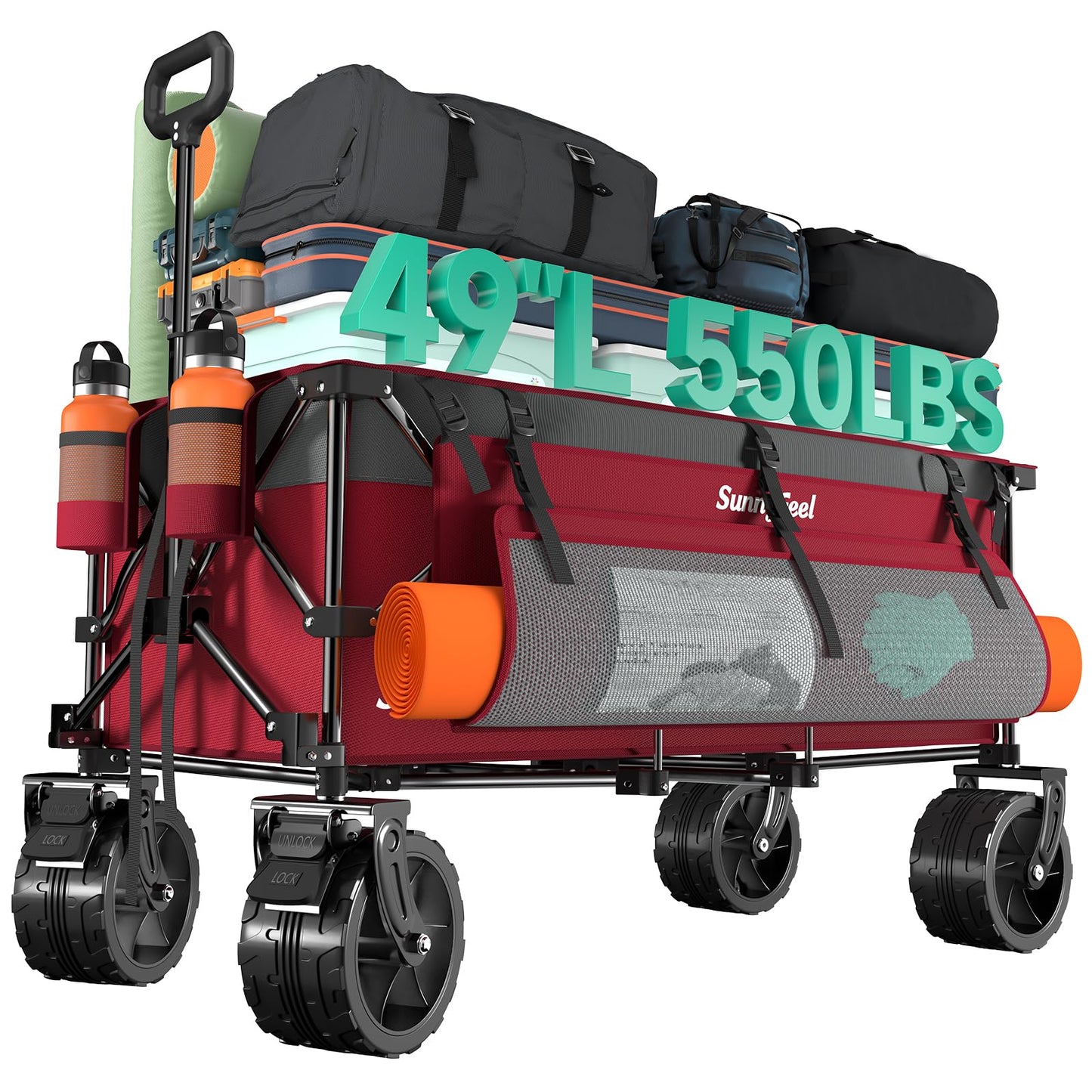 SUNNYFEEL 49" L Foldable Wagon Cart with Big Wheels - 550lbs Heavy Duty Extra Long Collapsible Shopping Cart - Utility Grocery Wagon for Garden Sports Camping Outdoor Activities (Red)