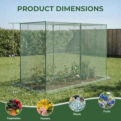 Aoodor 8x4x6 FT Crop Cage, Plant Protection Tent with Heavy Duty Steel Frame and Zippered Doors, Green Netting Cover for Garden, Lawn, Yard
