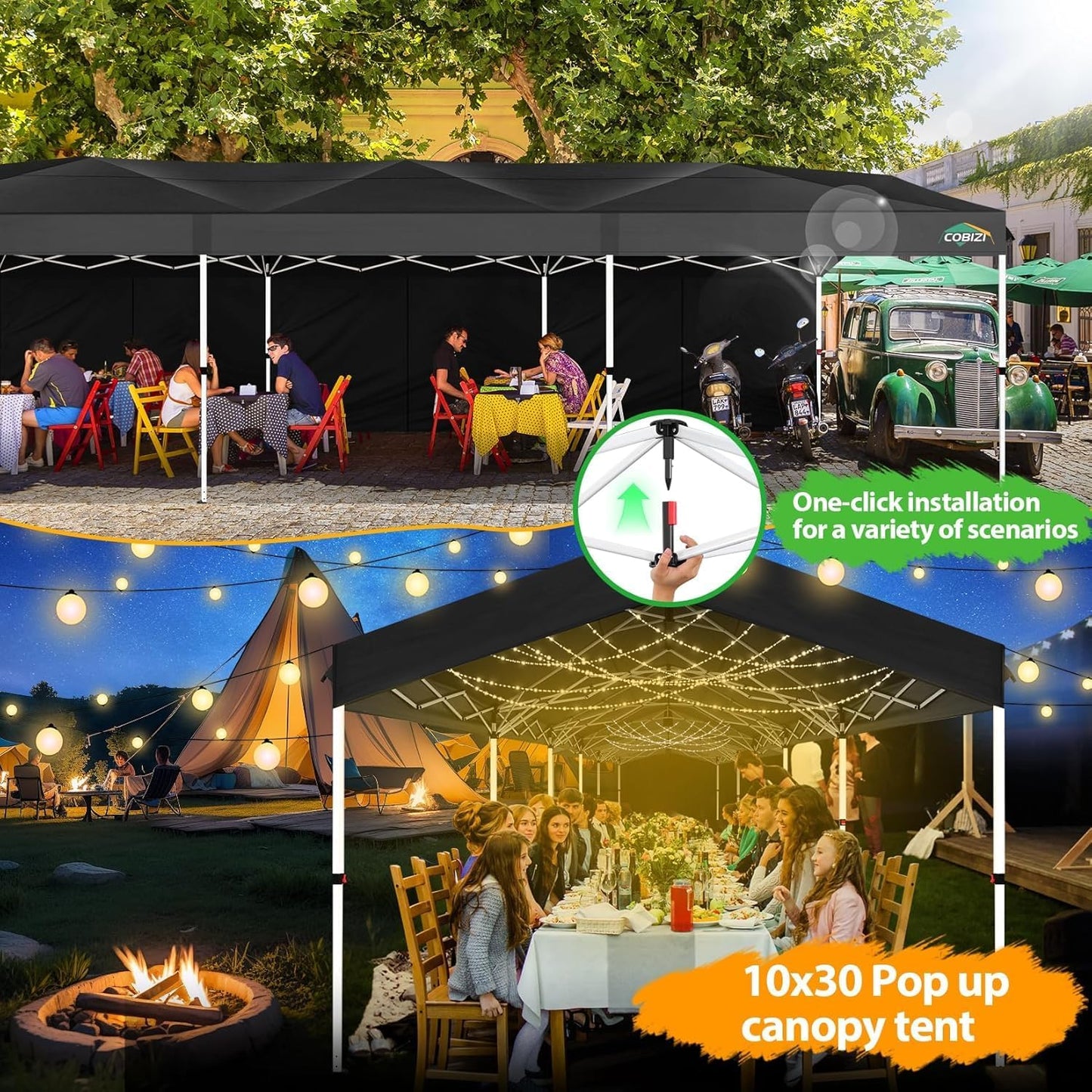 COBIZI 10x30 Party Tent with Wheeled Bag 10x30 Pop up Canopy with One-Push Setup, Outdoor Canopy with 3 Sidewalls Gazebo Event Shelter for Wedding Commercial with Sandbags,Waterproof & UPF50+, Black