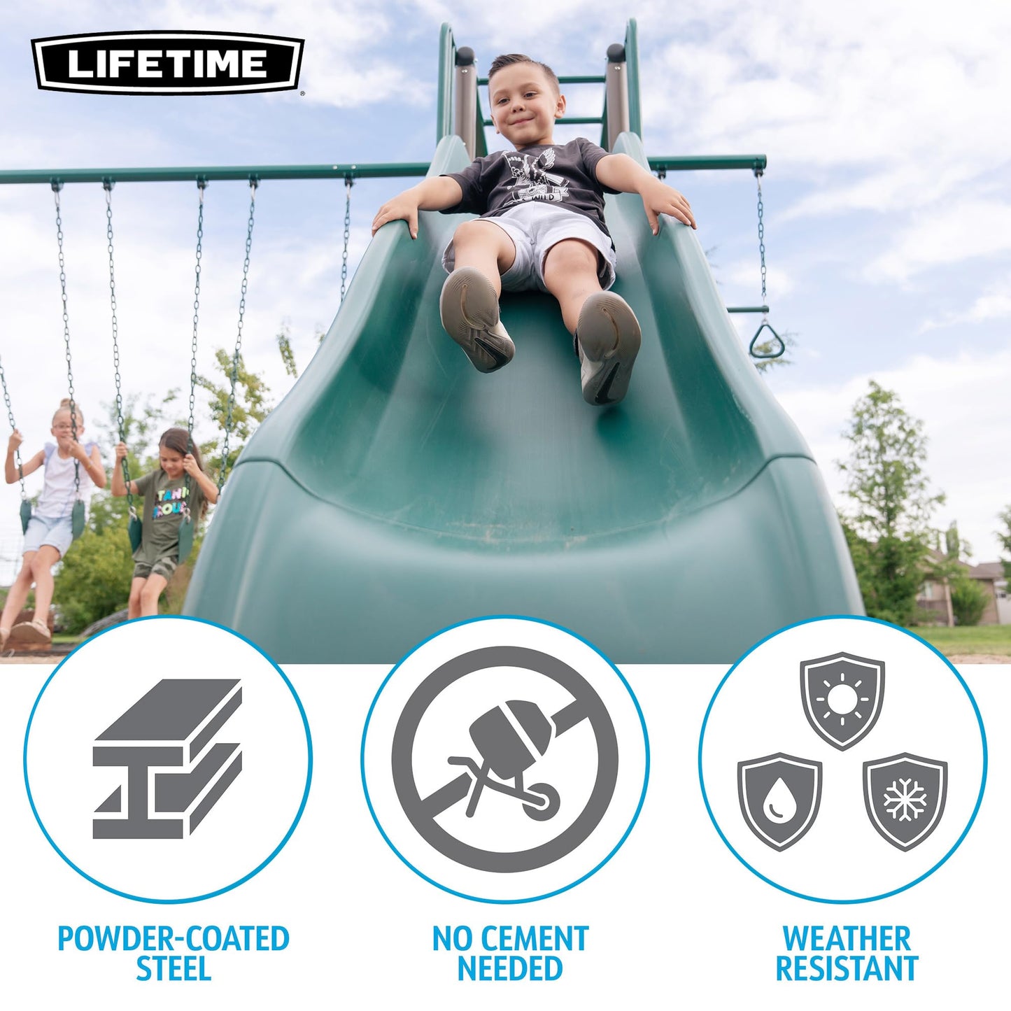 Lifetime Monkey Bar Adventure Swing Set, Outdoor Playset with Monkey Bars, 3 Swings, Trapeze Bar, Slide, Fireman’s Pole, UV‑Resistant Powder‑Coated Steel, Backyard Playground for Kids