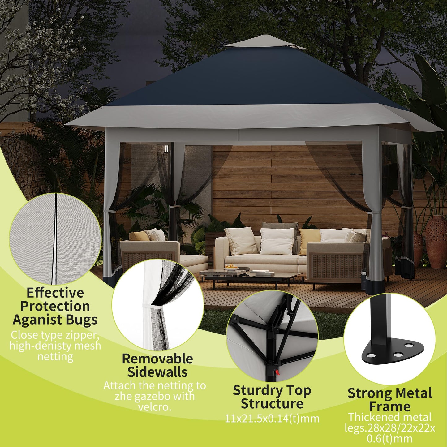 12x12ft Patio Gazebo, Outdoor Canopy with Mesh Walls, Pop Up Gazebo Tent with 4 Ropes 8 Stakes & Portable Carrying Bag, Double Roof, Easy Up Pavilion for Outside Garden, Backyard, Lawn