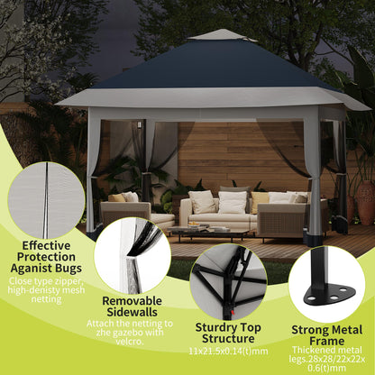 12x12ft Patio Gazebo, Outdoor Canopy with Mesh Walls, Pop Up Gazebo Tent with 4 Ropes 8 Stakes & Portable Carrying Bag, Double Roof, Easy Up Pavilion for Outside Garden, Backyard, Lawn