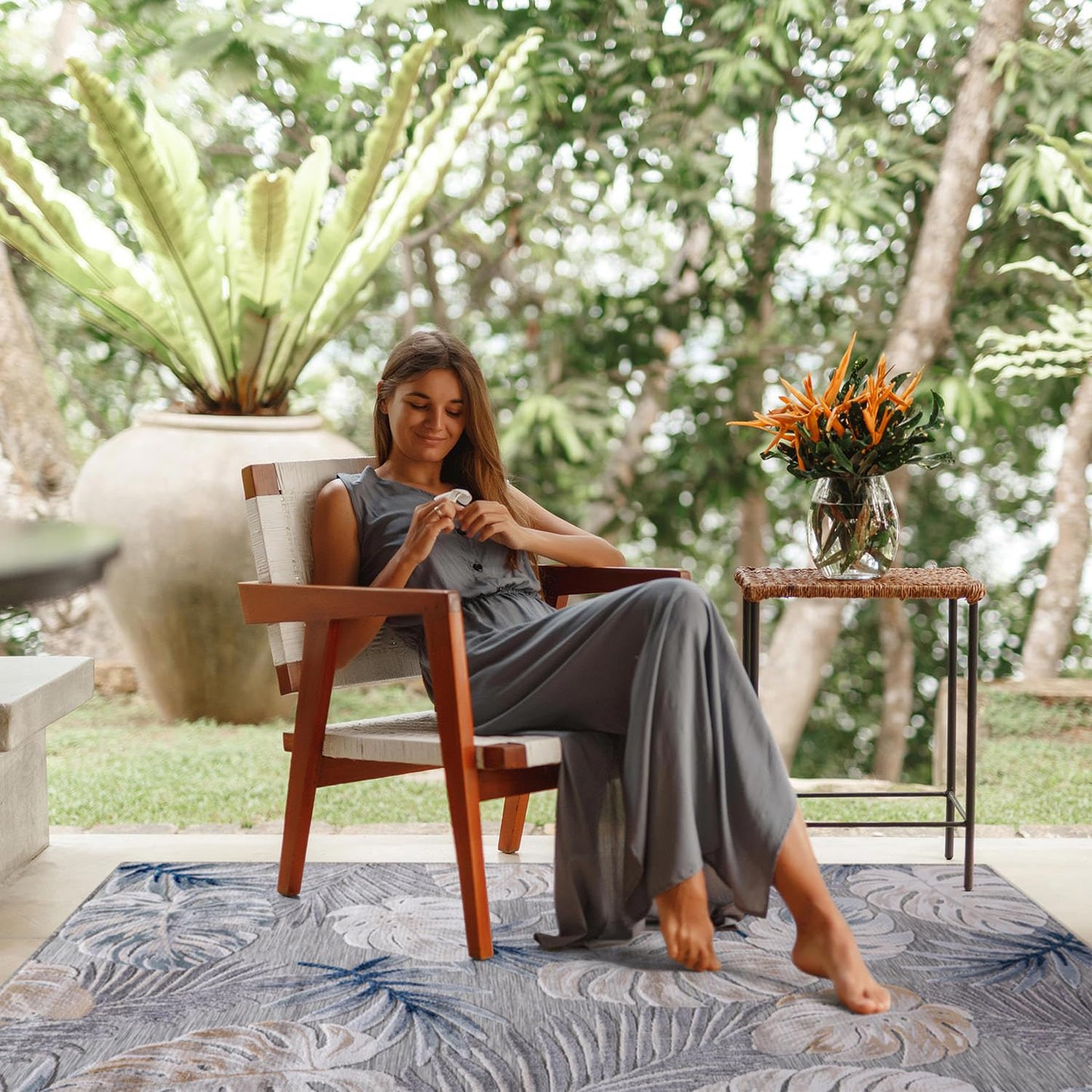 CAMILSON Indoor Outdoor Rug, Blue 7’10”x10’ Leaf Tropical Botanical Area Rugs for Indoor and Outdoor patios, Easy-Cleaning Non-Shedding Living Room, Garden and Kitchen Washable Outside Carpet (8x10)