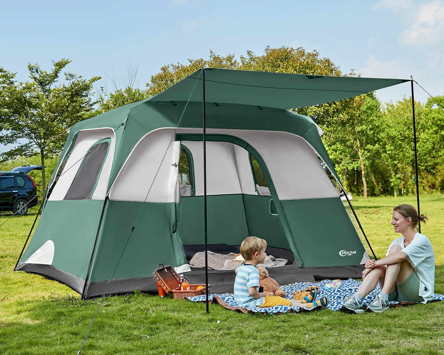 Portal 6 Person Cabin Tent for Camping with Porch, Family Waterproof Camping Tent with Rainfly and Carry Bag, 76" Tall Outdoor Tents for Camping