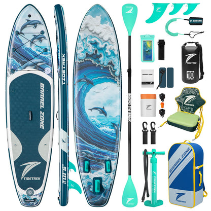 TIDETREK 11'/11'6" x 33"/34" x 6" Inflatable SUP Paddle Board – Extra-Wide, Stable Stand Up Paddle Board with Premium Full Accessory Set for Adults & Youth (Ocean Spirit/Kayak Seat, 11'x33 x6)