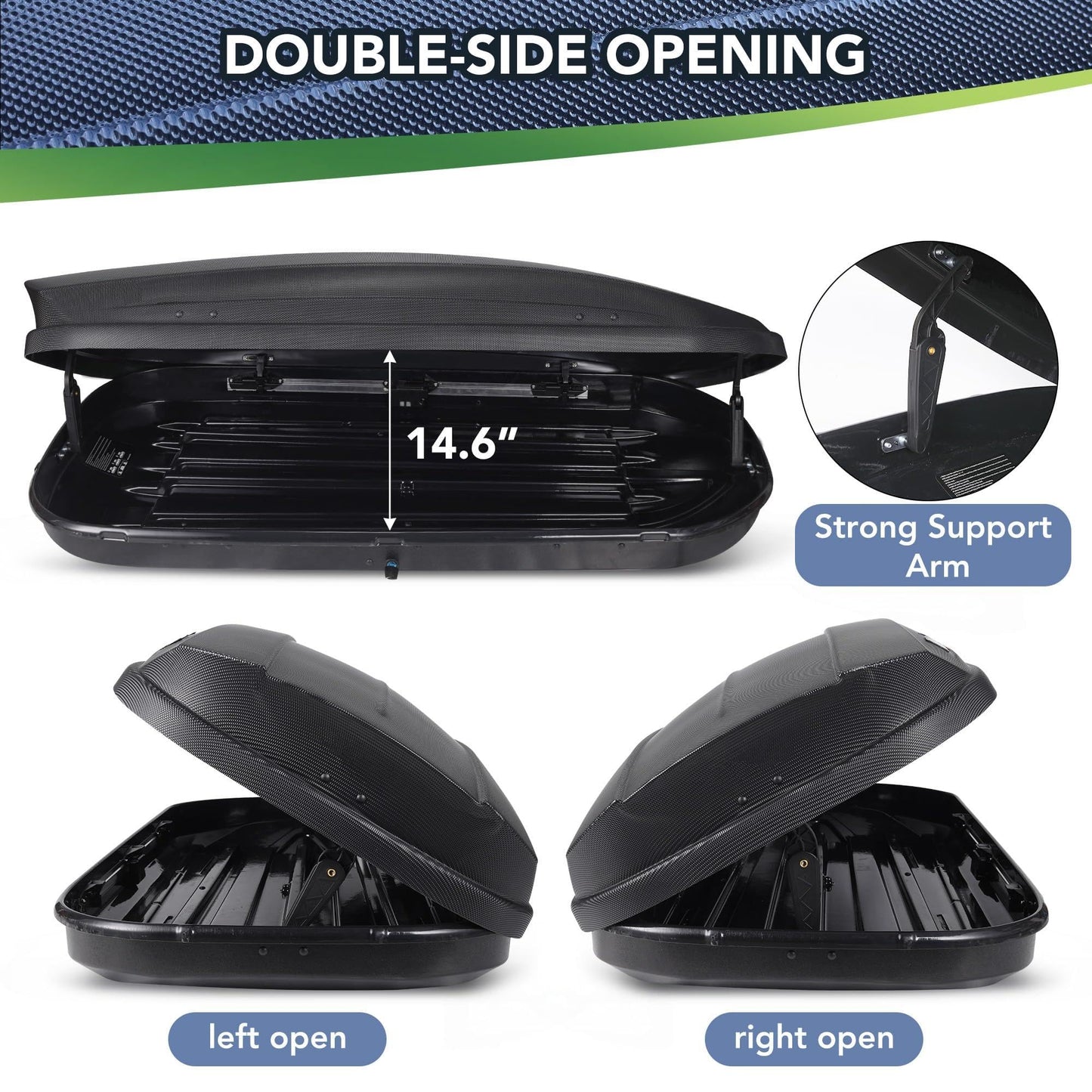 Rooftop Cargo Box Carrier for Car Storage, 12 Cubic Ft Car Top Mount Aero Hard Shell Dual-Side Opening, 165 LBS Weight Capacity Weatherproof Roof Mount Travel Luggage Storage, Secure Straps & Keys