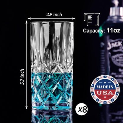 Claplante Crystal Highball Glasses, Set of 8 Glass Drinking Glasses, 11 oz Durable Drinkware Cups for Cocktails, Water, Juice, Beer, Wine-Special Edition Glassware Set, Dishware, Dishwasher Safe