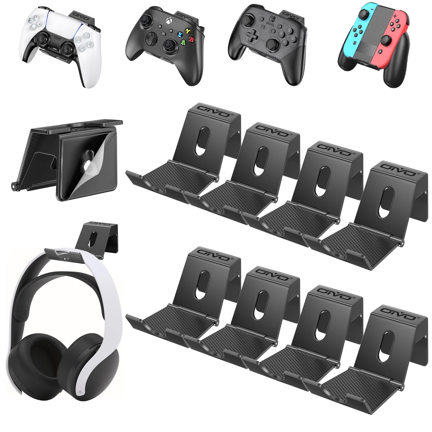 OIVO Controller & Headset Wall Mount Holder Stand, Foldable Headphone Stand, Gaming Controller Holder Hanger Hook, Universal Storage Organizer Controller/Earphone/Game Accessories-8 Packs