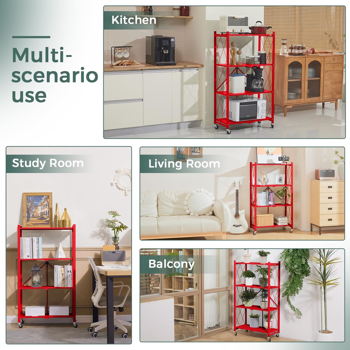 DEANIC 4 Tier Foldable Storage Shelves with Wheels, Large Capacity Shelving Unit, Freestanding Metal Wire Shelf Rack, No Assembly Organizer Rack for Garage Kitchen, Basement, Pantry(Red Pack of 2)