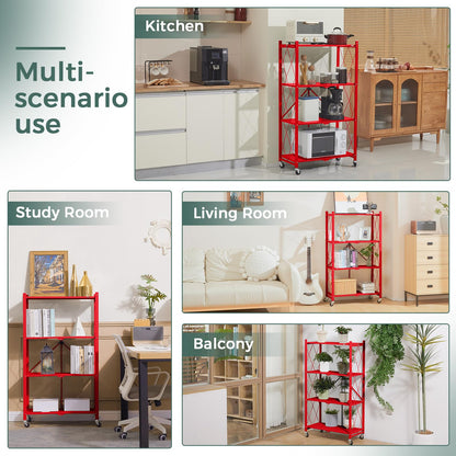 DEANIC 4 Tier Foldable Storage Shelves with Wheels, Large Capacity Shelving Unit, Freestanding Metal Wire Shelf Rack, No Assembly Organizer Rack for Garage Kitchen, Basement, Pantry(Red Pack of 2)