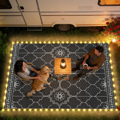 9x12Ft Outdoor Rug, Solar Powered Outdoor Rug with 131LEDs Strip Lights for House Deck, Waterproof Plastic Reversible Outdoor Straw Rugs, Rugs Mat RV Camping Patio Beach Balcony Picnic (Black Gray)