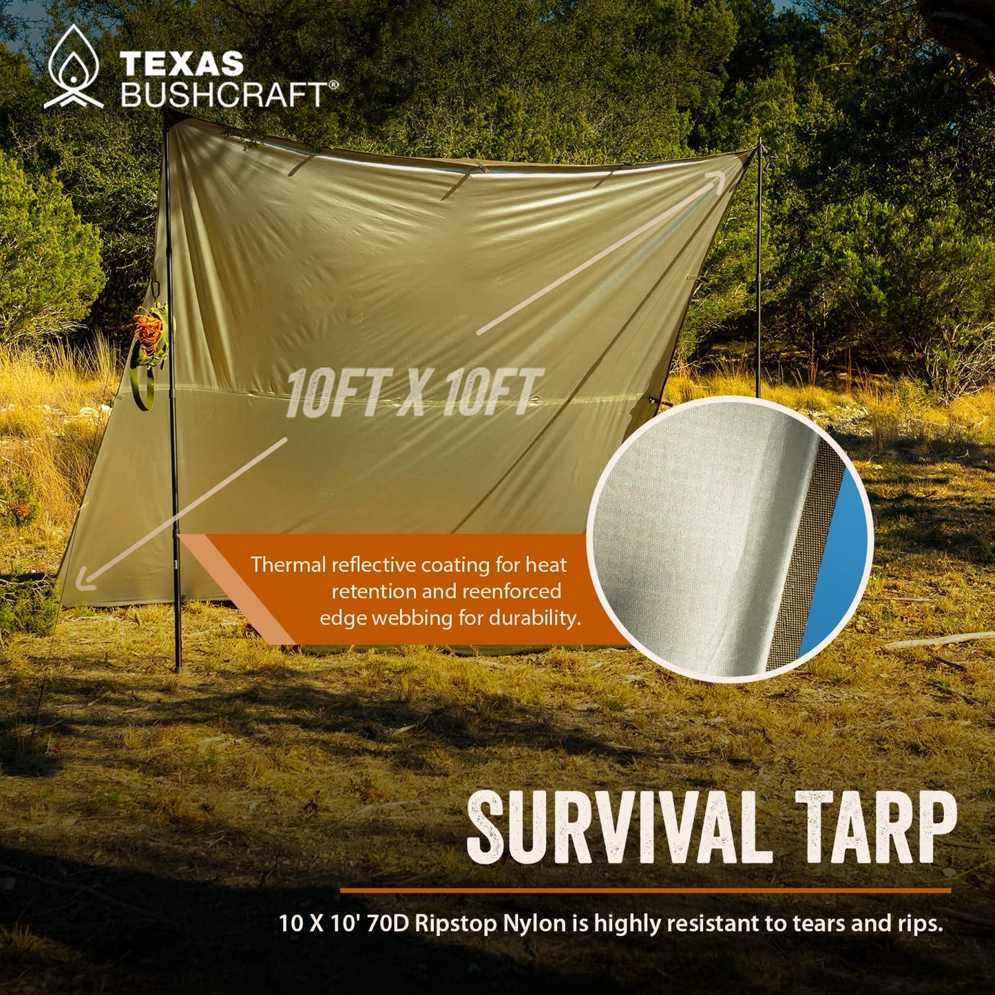 Texas Bushcraft Emergency Camping Tarp, Waterproof 10x10 Emergency Shelter for Backpacking and Hiking, 70D Ripstop Nylon Survival Tarp with Reflective Aluminized Polymer and Loop Ties with Grommets