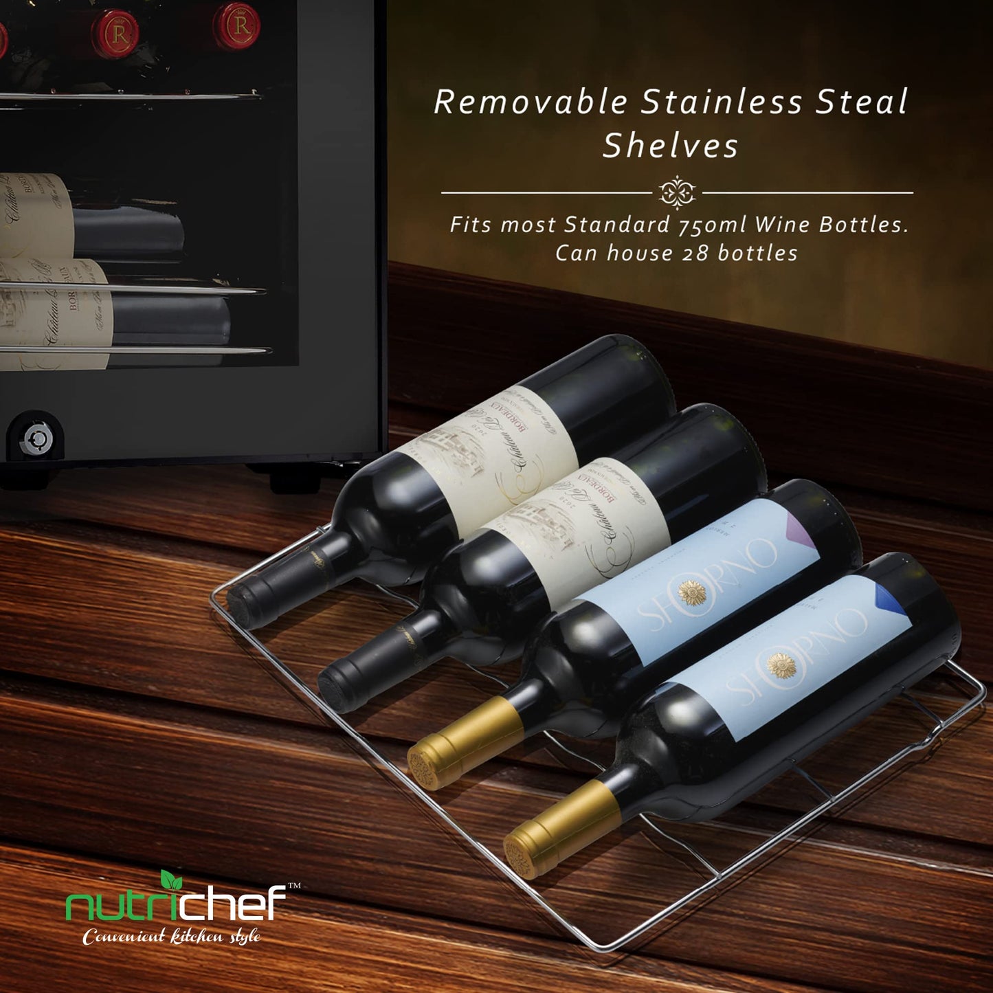 Nutrichef 28 Bottle Wine Fridge | Dual Zone Adjustable Temperature Control 41°F to 64°F | Ultra Quiet Operation | Cooler For Home, & Office | Free-Standing 33x16x17 IN (Black)