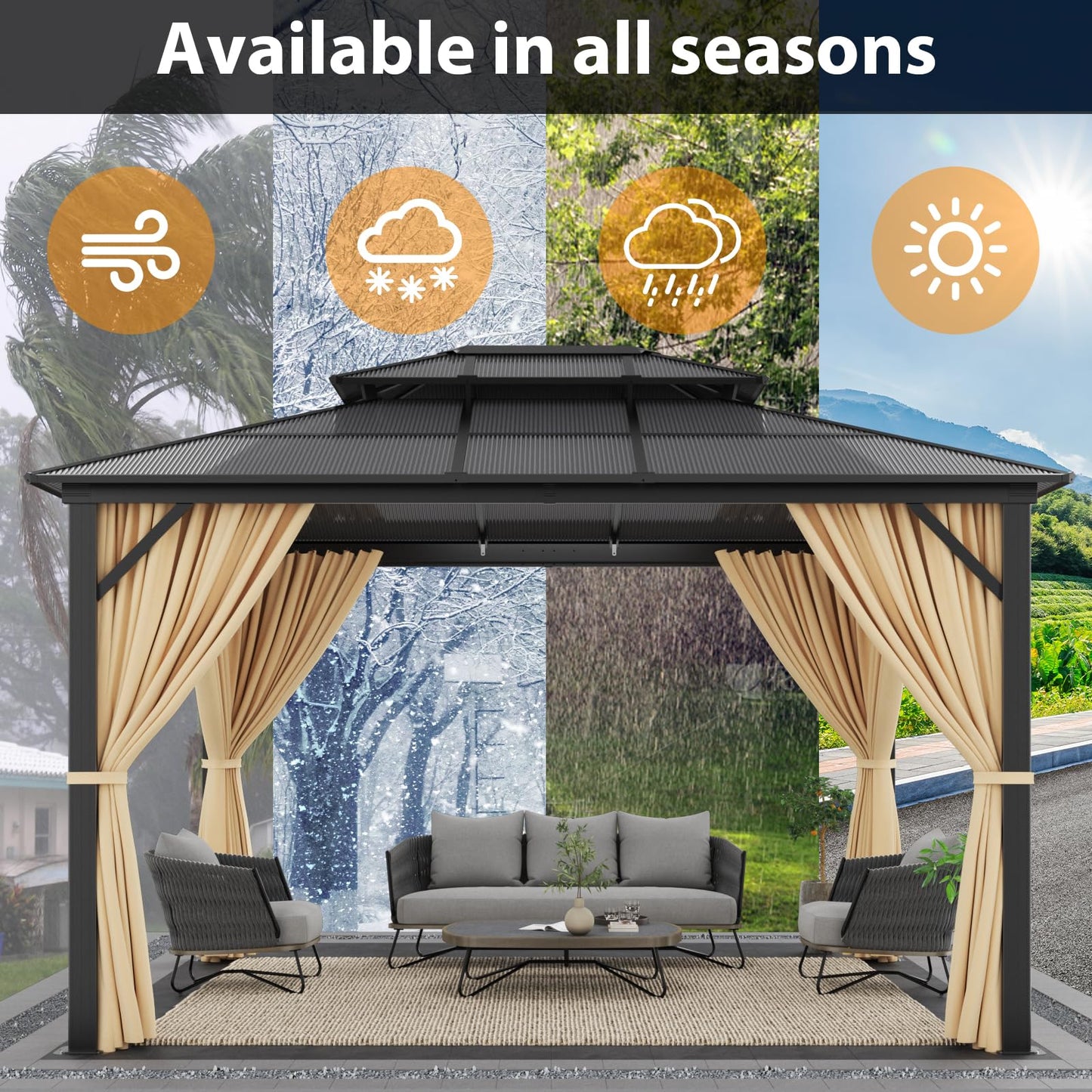 10' X 12' Hardtop Gazebo Canopy, Double Roof Canopy with Netting and Curtains, Outdoor Aluminum Frame Pergola, Heavy Duty Permanent Metal Pavilion for Patio Deck Backyard, Khaki