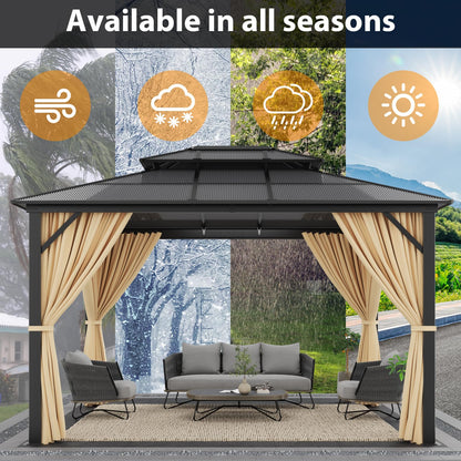10' X 12' Hardtop Gazebo Canopy, Double Roof Canopy with Netting and Curtains, Outdoor Aluminum Frame Pergola, Heavy Duty Permanent Metal Pavilion for Patio Deck Backyard, Khaki