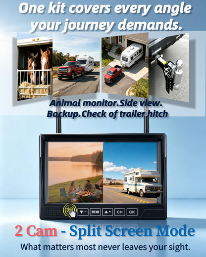HD 1080P Dual Wireless Backup Camera: 1-Second Magnetic Easy Install RV Backup Camera with 7-inch Split-Screen DVR Monitor - 15200mAh Solar Battery, Up to 3-Day Trip for RV Camping & Travel Trailers