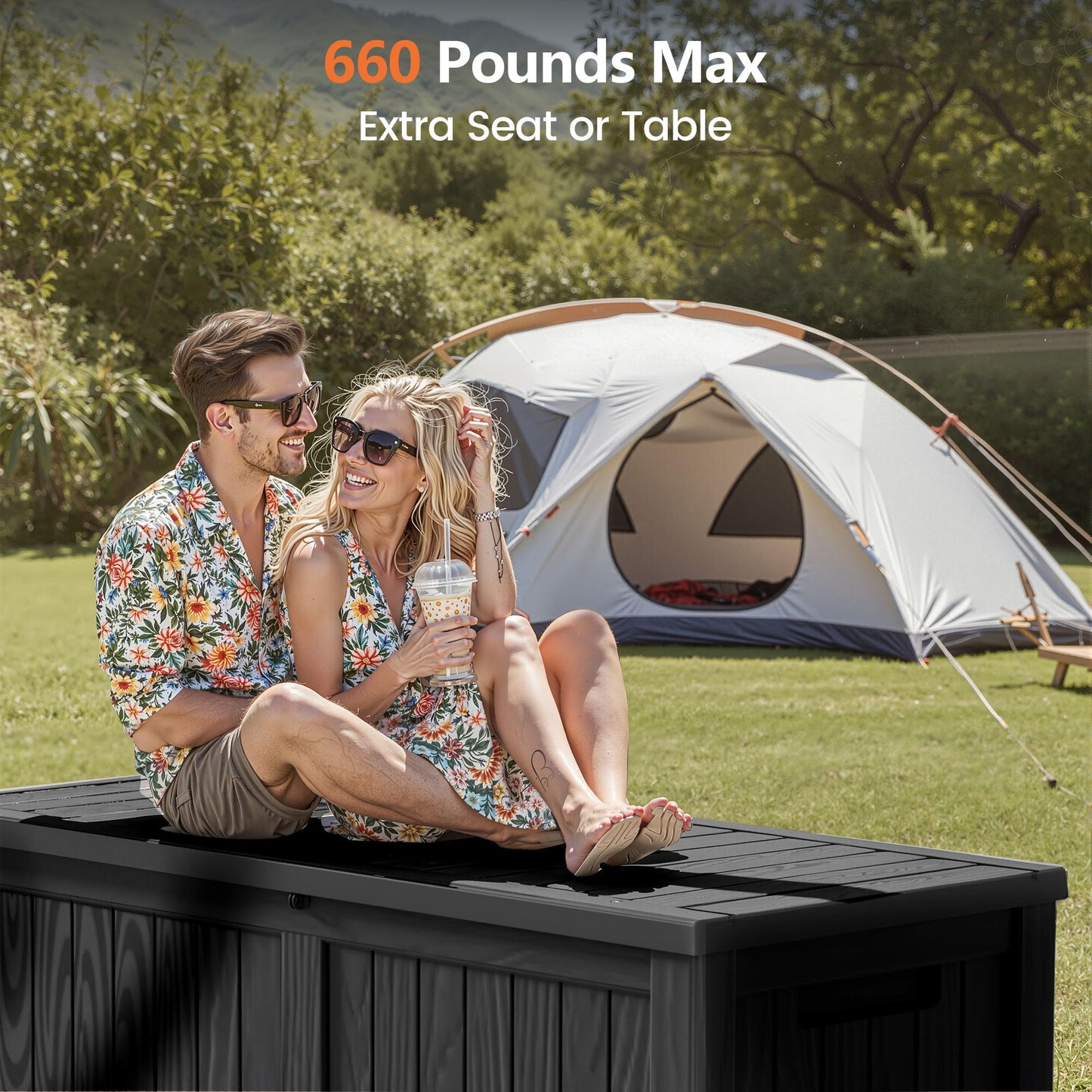 ComeWay 120 Gallon Outdoor Storage Box - Waterproof Resin Deck Box with Stainless Steel Rods - Lockable & Fade Resistant Storage Bin for Patio Cushions & Garden Tools, Black